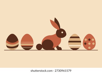Conejo de Pascua minimalista y huevos decorados en tonos cálidos y terrosos sobre un fondo liso