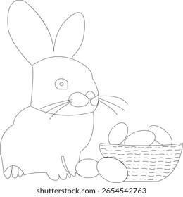 Una ilustración minimalista del arte de la línea del conejo de Pascua que presenta un conejo lindo con las orejas largas y una cola esponjosa, sentada al lado de un huevo de Pascua decorado. El contorno negro limpio es perfecto para colorear páginas, 