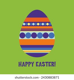Minimalist Easter Day poster design for print or web. Colorful illustration of an egg with a multi-colored ornament on a bright background. Happy Easter greetings in vector.