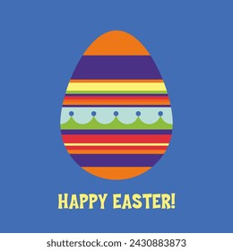 Minimalist Easter Day poster design for print or web. Colorful illustration of an egg with a multi-colored ornament on a bright background. Happy Easter greetings in vector.