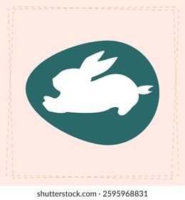 Minimalist Easter egg design featuring a running white rabbit silhouette on a dark green background. Simple and modern style, ideal for holiday decoration, greeting card.