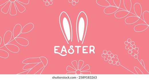 Minimalist Easter Graphic with Bunny Ears on a Floral Themed Background. Stylized Easter illustration featuring bunny ears with floral designs on a pink background, evoking springtime festivity 