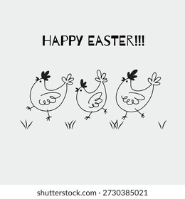 Tarjeta de felicitación de Pascua minimalista con pollos dibujados a mano y letras de "Feliz Pascua". Ilustración de doodle de línea negra aislada sobre fondo transparente para impresiones, tarjetas y carteles.