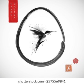 Cartão de saudação de páscoa minimalista em estilo de pintura de tinta japonês com beija-flor em ovo. Tradicional tinta japonesa lavagem pintura sumi-e. Hieróglifo - beleza.