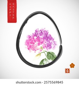 Cartão de saudação de páscoa minimalista no estilo de pintura de tinta japonês com flores de hortênsia rosa no ovo. Tradicional tinta japonesa lavagem pintura sumi-e. Hieróglifo - primavera.