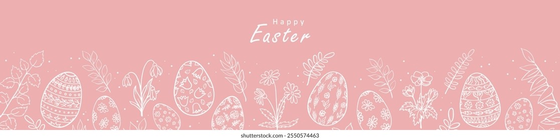 Minimalist Easter header or long horizontal banner with painted eggs and flowers, white outlines on pink background. Hand drawn line bottom frame, Happy Easter text. Vector template of minimal design.