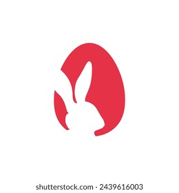 Icono de Pascua minimalista, silueta en forma de huevo rojo, recorte de perfil de conejo blanco en el interior, fondo blanco. Diseño gráfico moderno, para diversas aplicaciones o un logotipo de la empresa , ilustración vectorial.