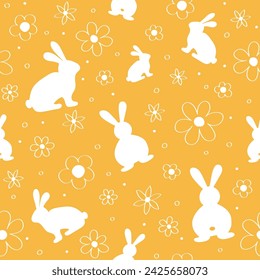 Minimalist Easter seamless pattern with bunnies and flowers. Design of a background for invitation, card and poster. Vector illustration 