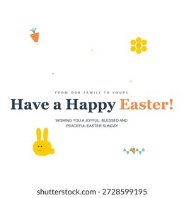 Diseño minimalista del Anuncio del domingo de Pascua con los deseos bendecidos y pacíficos y el carácter alegre del conejito para las promociones de primavera de Festiva