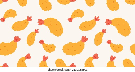 minimalist Ebi Fry seamless pattern. For fabric, wrapping paper, print, wallpaper, Decor textured, doodle art, hand-drawn patterns vibrant design, doodle hand-drawn, fried shrimp 