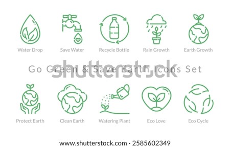 Minimalist eco friendly icon set featuring environmental themes like recycling, water conservation, and earth protection. Perfect for sustainability projects and green initiatives.