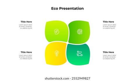 Infografía ecológica minimalista con un diseño de ciclo de 4 hojas con iconos que representan conceptos de sostenibilidad. Presentación ambiental