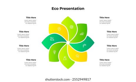 Ecoinfográfico minimalista com um design de ciclo de 8 folhas com ícones representando conceitos de sustentabilidade. Apresentação ambiental