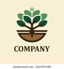 Minimalist eco logo with a tree, roots, and soil symbolizing growth, sustainability, and nature. Ideal for green, organic, or environmentally friendly businesses.