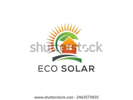 Minimalist eco solar energy vector logo. Modern Green energy solar logo vector logo. Home, Leaf, Sun logo
