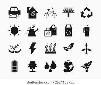 Minimalist eco and sustainability icon collection in modern glyph art style