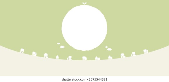 A minimalist and eco-friendly digital illustration featuring a large white circular space at the center, outlined with an organic, slightly uneven edge, resembling a natural element like the sun