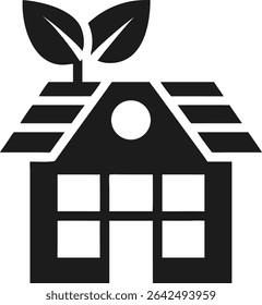 Minimalist eco-friendly house silhouette with solar panel and leaf roof design