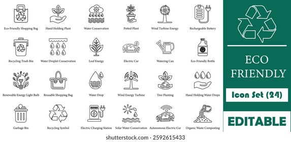 Minimalist eco-friendly icon set for web, apps, and presentations. Fully customizable, scalable vector format, ideal for sustainability projects, infographics, and UI,UX design.