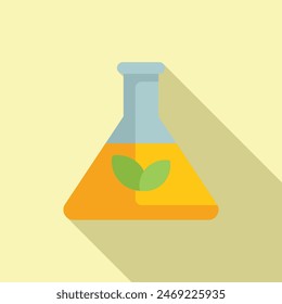 Minimalist ecofriendly lab research concept with scientific flask. Green leaves. And environmental symbol flat design icon in vector illustration. Biology. Ecology. And biotechnology