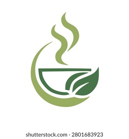 A minimalist eco-friendly matcha logo featuring a steaming cup integrated with a green leaf design.