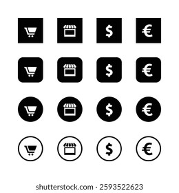 Minimalist e-commerce icons, black and white, shopping cart symbol, store front icon, dollar sign, euro symbol, square icons, circular icons, crisp vector graphics, clean design, financial symbols.