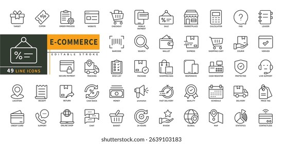 Minimalist E-Commerce line icons set with editable stroke. Featuring target, cupon, order process, tracking, return, cash back, online shop, support, sale, mobile payment. thin linear illustration.