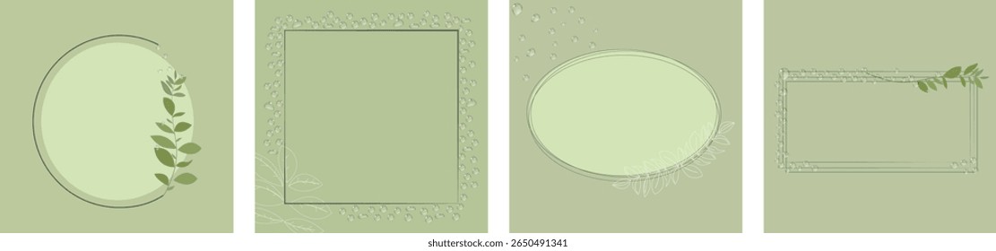 Minimalist eco-style frames with leaves and water drops on green background. Round, square and rectangular shapes. Soft natural design