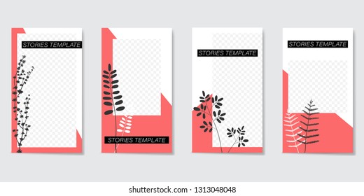 Minimalist editable instagram template for Stories and Streaming. With trendy geometric shapes in coral black and white color and silhouettes of plants. Vector illustration