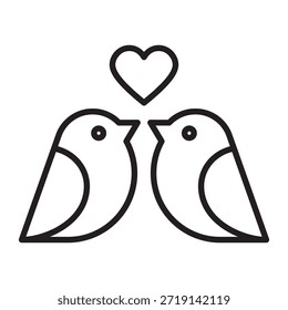Minimalist editable line icon of two love birds with a heart above. Perfect for Valentine's Day, romance apps, wedding invites, and seasonal design projects. Clean, modern, and versatile.