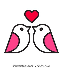 Minimalist editable line icon of two love birds with a heart above and soft color fill. Perfect for Valentine's Day, romance apps, wedding invites, and seasonal design projects.

