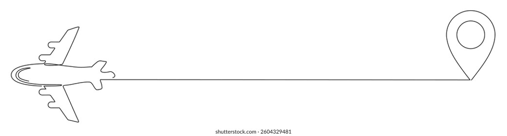 Minimalist editable one line art of an airplane flying towards a destination pin. Simple travel and navigation vector for aviation, tourism, logistics, and transportation concepts.