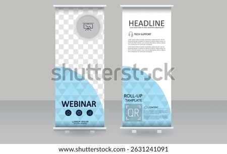 Minimalist and editable roll-up banner template for webinars, presentations, and tech events. Clean blue geometric layout with QR code, icons, and content blocks. Ideal for business, education.