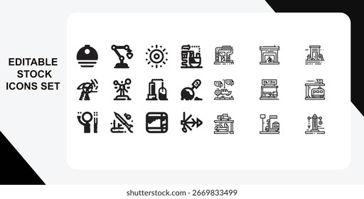 A minimalist editable stock icon set in black and white line art style, featuring industry and production elements, ideal for factory workflow, manufacturing processes, and industrial-themed design.