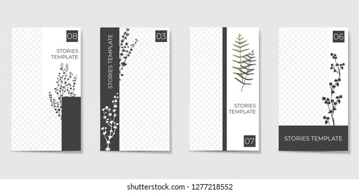 Plantilla editable minimalista para historias y transmisión por secuencias. Con formas geométricas de moda en color blanco y negro y siluetas de plantas. Ilustración del vector