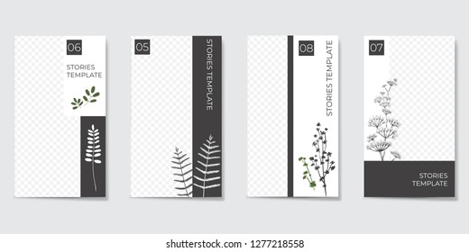 Minimalist editable template for Stories and Streaming. With trendy geometric shapes in black and white color and silhouettes of plants. Vector illustration