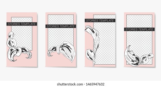 Minimalist editable template for Stories and Streaming. With pink frame and painted leaves. Vector illustration