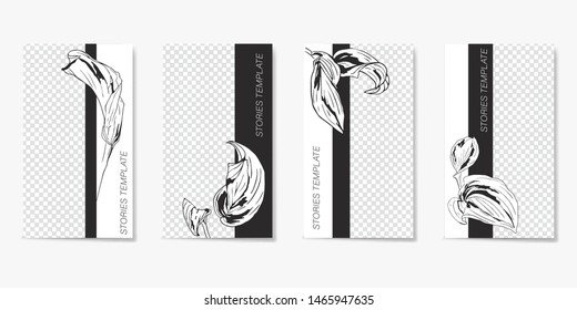 Minimalist editable template for Stories and Streaming. With trendy geometric shapes in black and white color and painted leaves. Vector illustration