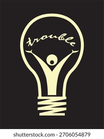 Ilustración vectorial editable minimalista de una bombilla con una figura humana en el interior y la palabra "PROBLEMA" arriba, que simboliza el estrés, la resolución de problemas o las ideas difíciles.
