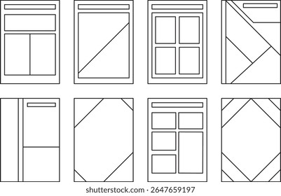 Ícones de modelo de layout editorial minimalista — design editável de traçado para composição de revistas, pôsteres ou folhetos. Perfeito para publicação moderna e planejamento de hierarquia visual.