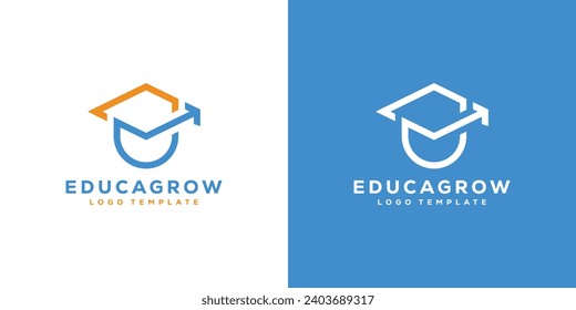 Logotipo de educación de crecimiento minimalista. Logotipo de Sombrero Graduado y Flecha Arriba. Plantilla de diseño de logotipos para universidades y escuelas universitarias únicas de estudio y crecimiento.