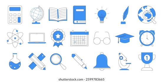 Minimalist education icon set in outline and flat design. Perfect for certificates, diplomas, presentations, and learning materials. Includes books, laptop, globe, graduation cap, and more. Vector. 