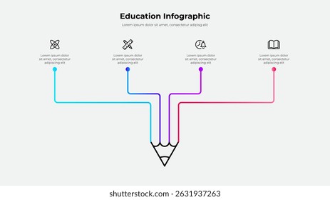 A minimalist education infographic featuring a pencil graphic with colorful lines branching to icons, conveying educational concepts and information visually and dynamically