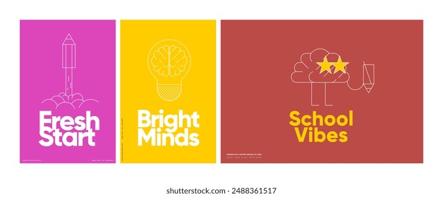 Minimalist educational posters with bold typography and simple icons, themed around new beginnings.