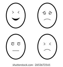 Minimalist Egg Faces Showing Cute and Funny Emotions. Simple black-and-white line art perfect for emoji sets, creative designs, or children’s educational content.