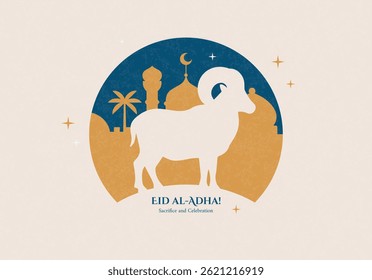 Minimalist Eid al-Adha illustration featuring a ram, mosque silhouettes, crescent moon, and palm trees. Symbol of sacrifice and celebration in Islamic tradition.
