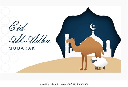 Modelo minimalista de pôster Eid al-Adha Mubarak com arquitetura islâmica, animais e lanternas tradicionais para celebrações, folhetos e uso da web