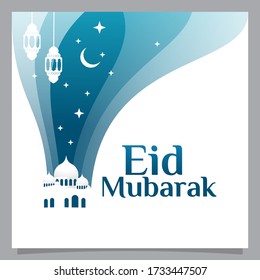 minimalist eid mubarak flyer vector graphic with mosque, cerscent moon, lantern, and star image for any business