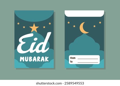 Minimalist Eid Mubarak Greeting Card and Envelope with Crescent Moon and Stars