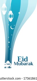 minimalist eid mubarak half page ad vector graphic with mosque, cerscent moon, lantern, and star image for any business